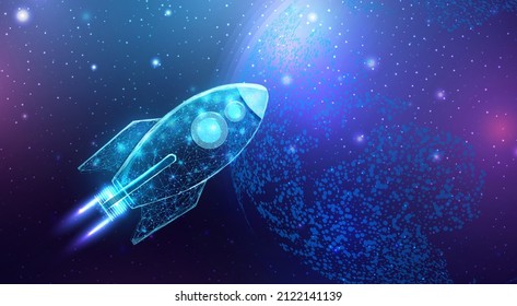 Wireframe polygonal rocket with globe map. Internet technology network, business startup concept with glowing low poly rocket. Futuristic abstract vector illustration.