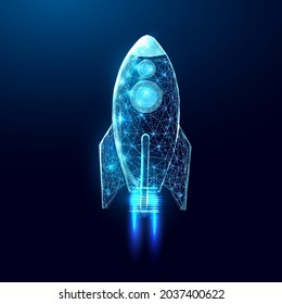 Wireframe polygonal rocket. Internet technology network, business startup concept with glowing low poly rocket. Futuristic modern abstract. Isolated on dark blue background. Vector illustration.