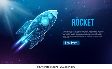 Wireframe polygonal rocket. Internet technology network, business startup concept with glowing low poly rocket. Futuristic modern abstract. Isolated on dark blue background. Vector illustration.