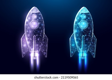 Wireframe polygonal rockets. Internet technology network, business startup concept with glowing low poly rockets. Futuristic modern abstract. Isolated on dark blue background. Vector illustration.