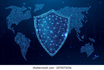 Wireframe polygonal shield with globe map. Cyber security, world protection concept with glowing low poly guard. Futuristic modern abstract background. Vector illustration.