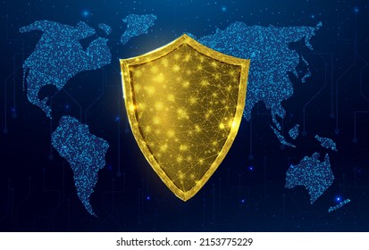Wireframe polygonal shield with globe map. Cyber security, world protection concept with glowing low poly guard. Futuristic modern abstract background. Vector illustration.