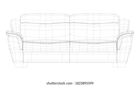Wireframe of a polygonal sofa made of black lines isolated on a white background. 3D. Vector illustration