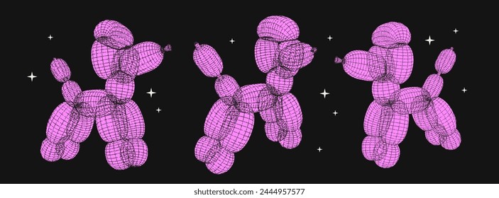 Wireframe Poodle Balloons. 3D shapes in trendy psychedelic style with a grainy stippling effect. Brutal forms. Vector modern dots illustration. Brutalism Y2K graphic.