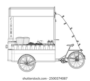 Wireframe Popcorn maker vector illustration. Vintage kiosk in amusement park. Street food. Tricycle movie theater food. Side view. 3D