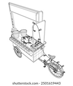 Wireframe Popcorn maker vector illustration. Vintage kiosk in amusement park. Street food. Tricycle movie theater food. Isometric view. 3D