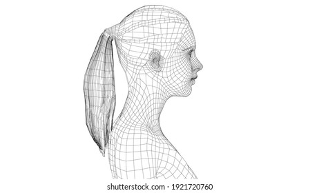 Wireframe-Porträt eines jungen schönen Mädchens. Ponyschwanzhaar. Vektorgrafik 3D