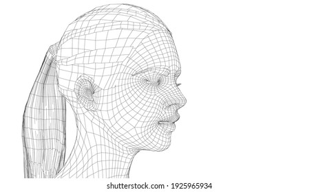 Retrato de una joven bella con los ojos cerrados. Peluquería de cola de caballo. Representación del vector 3d