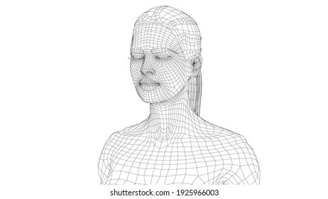 Wireframe portrait of a young beautiful girl with closed eyes. Ponytail hairstyle. Vector 3d rendering