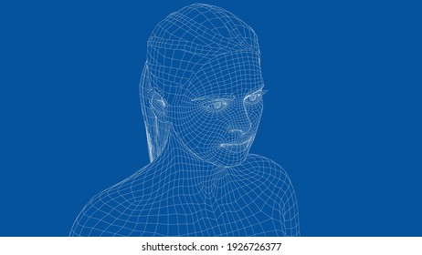 Wireframe portrait of a young beautiful girl. Ponytail hairstyle. Vector 3d rendering