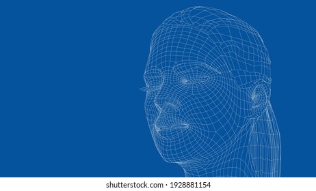 Wireframe portrait of a young beautiful girl with closed eyes. Ponytail hairstyle. Vector 3d rendering