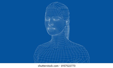 Wireframe portrait of a young beautiful girl with closed eyes. Ponytail hairstyle. Vector 3d rendering