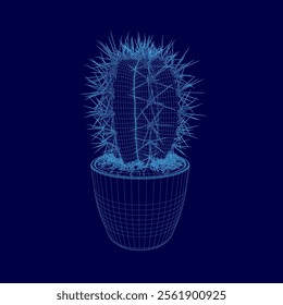 Wireframe potted cactus flora decoration natural vector illustration. 3D