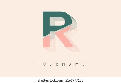 Wireframe R Letter Logo Design in two colors. Creative vector illustration with wired, mirrored outline frame. Pastel colors logo.