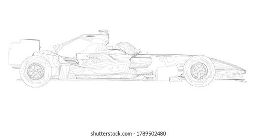 Wireframe racing car from black lines on a white background. Side view. 3D. Vector illustration