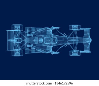Wireframe racing car of the blue lines on a dark background. View from above. Polygonal racing car. 3D. Vector illustration.