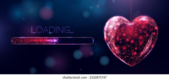Wireframe red heart and loading bar, low poly style. Happy Valentine's day banner. Abstract modern 3d vector illustration on blue background.