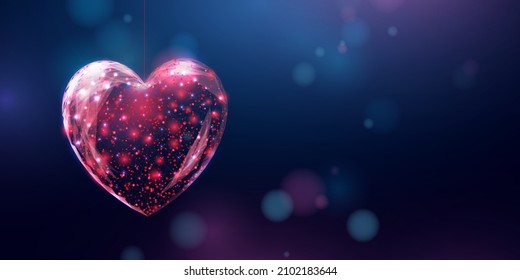 Wireframe red heart in low poly style. Happy Valentine's day banner. Abstract modern 3d vector illustration on dark blue background.