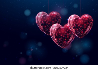 Corazón rojo enarbolado con un estilo de polos bajo. Cartel de Feliz Día de San Valentín. Resumen de ilustración vectorial 3d moderna sobre fondo azul oscuro.