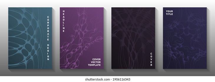 Wireframe rendering concept abstract vector covers. Smooth waves fusion backdrops. Modern notebook vector templates. Radio physics cover pages graphic design set.