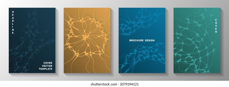 Wireframe rendering concept abstract vector covers. Marble curve lines flow textures. Vibrant cover vector templates. Radiology cover pages graphic design set.