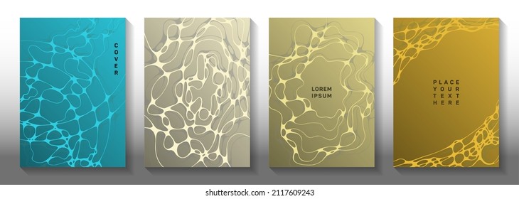 Wireframe rendering concept abstract vector covers. Liquid curve lines stream backdrops. Openwork magazine vector templates. Hi tech cover pages graphic design set.