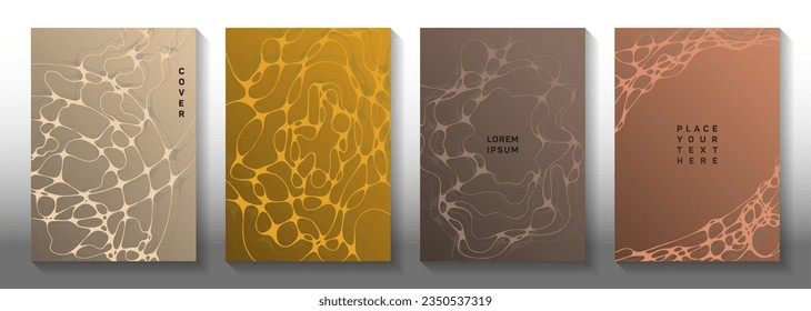 Wireframe rendering concept abstract vector covers. Bent waves surface textures. Tracery cover vector layouts. Science fiction cover pages graphic design set.