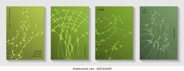 Wireframe rendering idea abstract vector covers. Curly waves flow backgrounds. Vivid cover vector layouts. Engineering cover pages graphic design set.