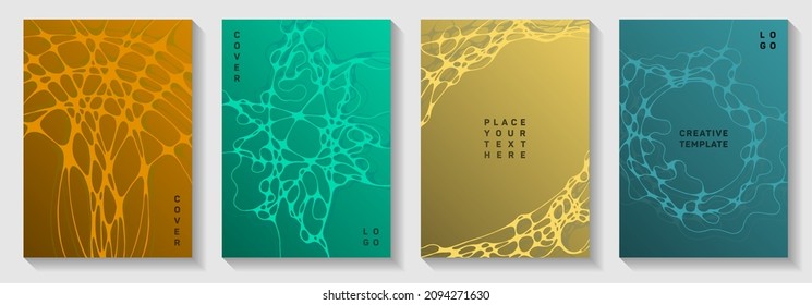 Wireframe rendering idea abstract vector covers. Dynamic curve lines geometry textures. Soft brochure vector layouts. Science fiction cover pages graphic design set.