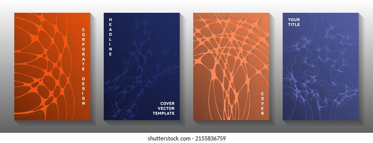 Wireframe rendering idea abstract vector covers. Overlapping curve lines ornament textures. Openwork notebook vector layouts. Science fiction cover pages graphic design set.