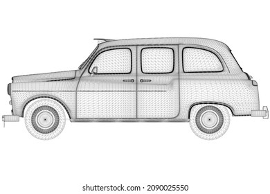 Wireframe of a retro car from black lines isolated on a white background. Side view. 3D. Vector illustration