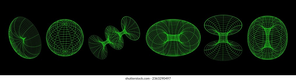 Wireframe retro futuristic abstract shapes. Vector set of geometrical blueprint 3d brutalism figures