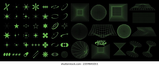 Wireframe retro futuristic geometric elements shapes big collection set. Y2k elements for design