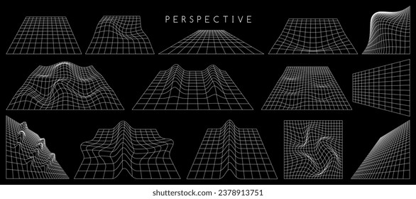 Wireframe retro futuristic perspective grids. Vector set of geometrical blueprint distorted abstract planes