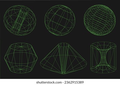 Wireframe-Retro-Formen, Geometriepunkt auf schwarzem Hintergrund. Trendy psychedelische Vektorelemente für Design.