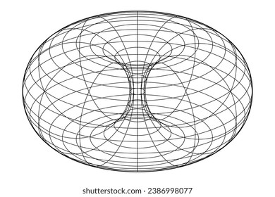 Wire-frame of a ring torus, also donut or doughnut. In geometry, a surface of revolution generated by revolving a circle in 3D space one full revolution about an axis that is coplanar with the circle.