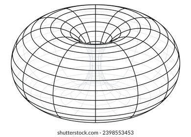 Wire-Rahmen einer Ringtorte, oder auch Donut oder Doughnut. Geometrische Oberfläche der Revolution erzeugt durch Umdrehung eines Kreises im 3D-Raum eine vollständige Revolution über eine Achse, die mit dem Kreis vergleichbar ist.