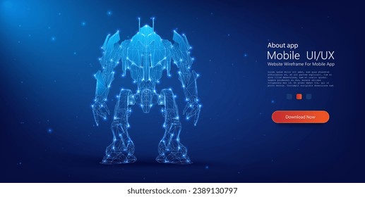 Wireframe Robotermech mit neonblauer Beleuchtung auf sternigem Hintergrund, die fortschrittliche futuristische Technologie darstellt. Low-Poly-Wireframe-Vektorgrafik