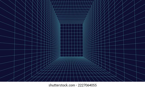 Sala con marco Wireframe de fondo azul. Cuadro de cuadrícula de perspectiva vectorial digital para el diseño.