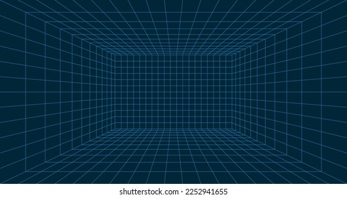 Wireframe room on blue background. Perspective grid