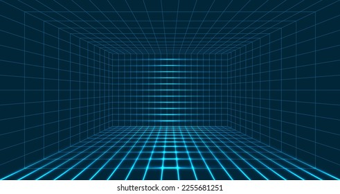 Wireframe room on blue background. Perspective grid