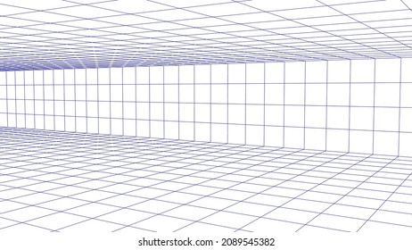 Wireframe-Raum auf weißem Hintergrund. Digitaler Vektor Perspektive Gitterkasten für Design.