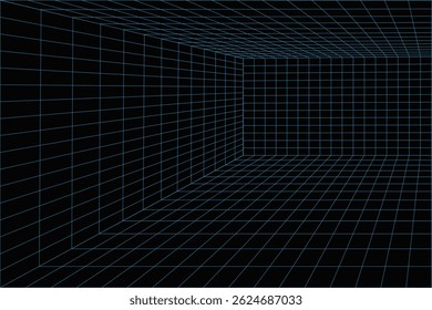 Perspectiva de Wireframe Room. Esta Imagen representa una sala de estructura de alambre tridimensional en un fondo negro, formado con una cuadrícula de líneas azules. 