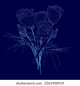 Wireframe Rose flower of blooming plant. Garden rose isolated icon of blossom, petal and bud with stem and leaf for romantic floral decoration, wedding bouquet and valentine greeting card. Front view