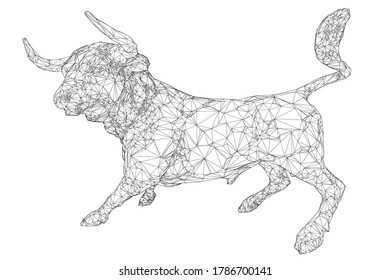 Wireframe of a running bull. The contour of an angry bull from black lines on a white background. 3D. Vector illustration