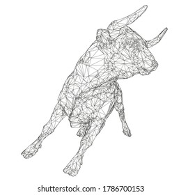Wireframe of a running bull. The contour of an angry bull from black lines on a white background. 3D. Vector illustration