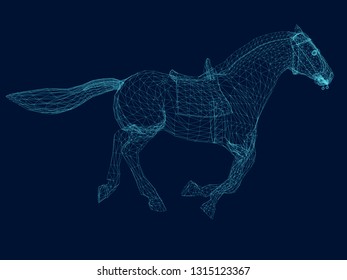 Wireframe of a running horse. Polygonal horse of blue lines running. Vector illustration.