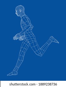 Wireframe running man. Vector 3d rendering. Man in running pose