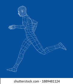 Wireframe running man. Vector 3d rendering. Man in running pose