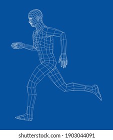 Wireframe running man. Vector 3d rendering. Man in running pose